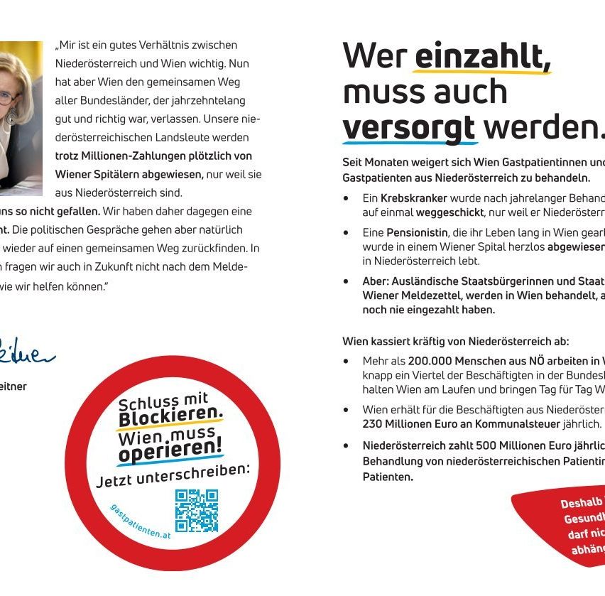 Ein Bild mit einer Frau in einer Brille und Text über Gesundheitszahlungen zwischen Österreich und Wien. Wien zahlt nicht mehr für niederösterreichische Patienten, trotz Millionenzahlungen. Eine Frau unterschreibt eine Petition, um dies zu blockieren.