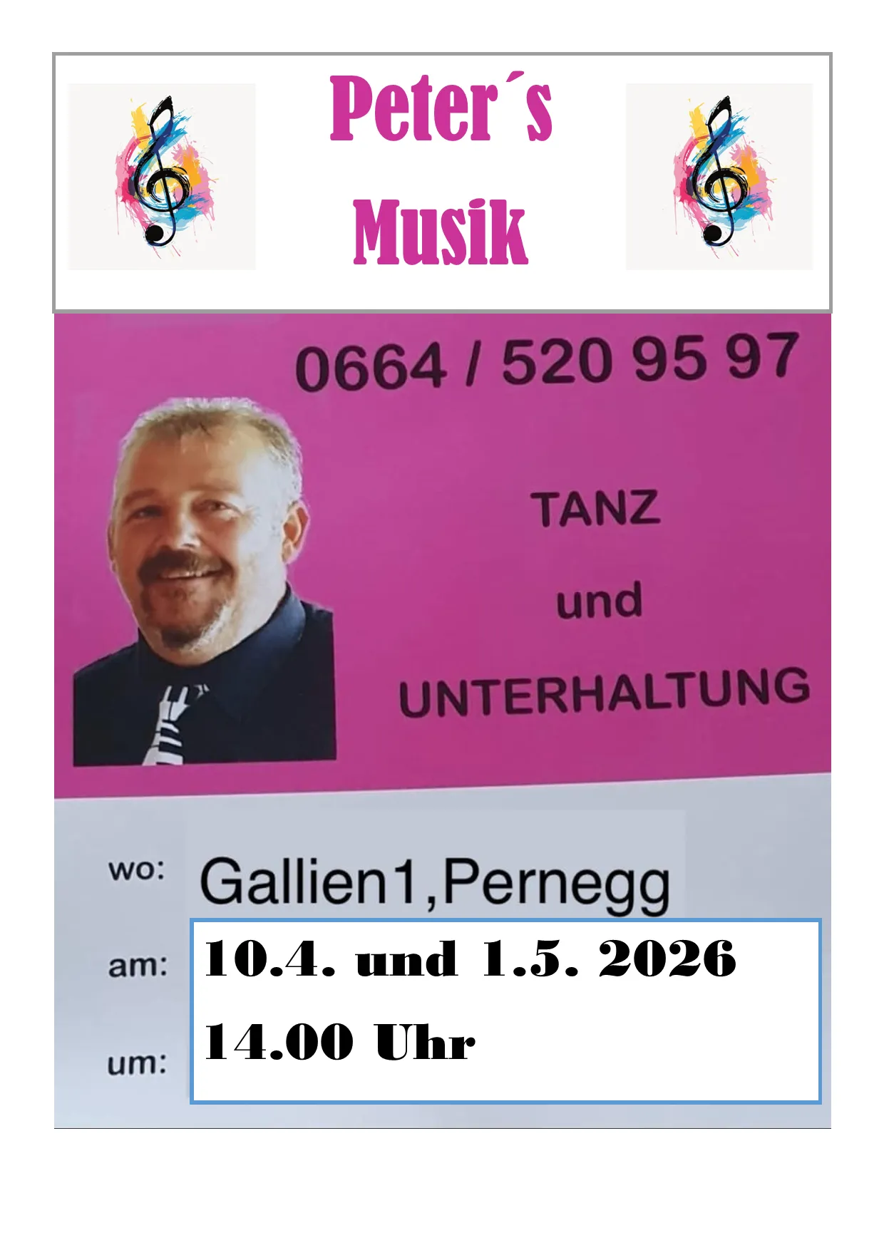 Musikposter mit einem lächelnden Mann, einer Kontaktnummer, Veranstaltungsdatum 10. April und 1. Mai 2026, um 14.00 Uhr, Ort Gallien 1, Perneg.