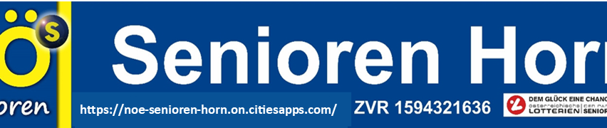 Ein blauer Banner mit 'Senioren Horn' in Weiß, einem Website-Link und einer Lotterienummer. Das 'S'-Logo befindet sich oben links.