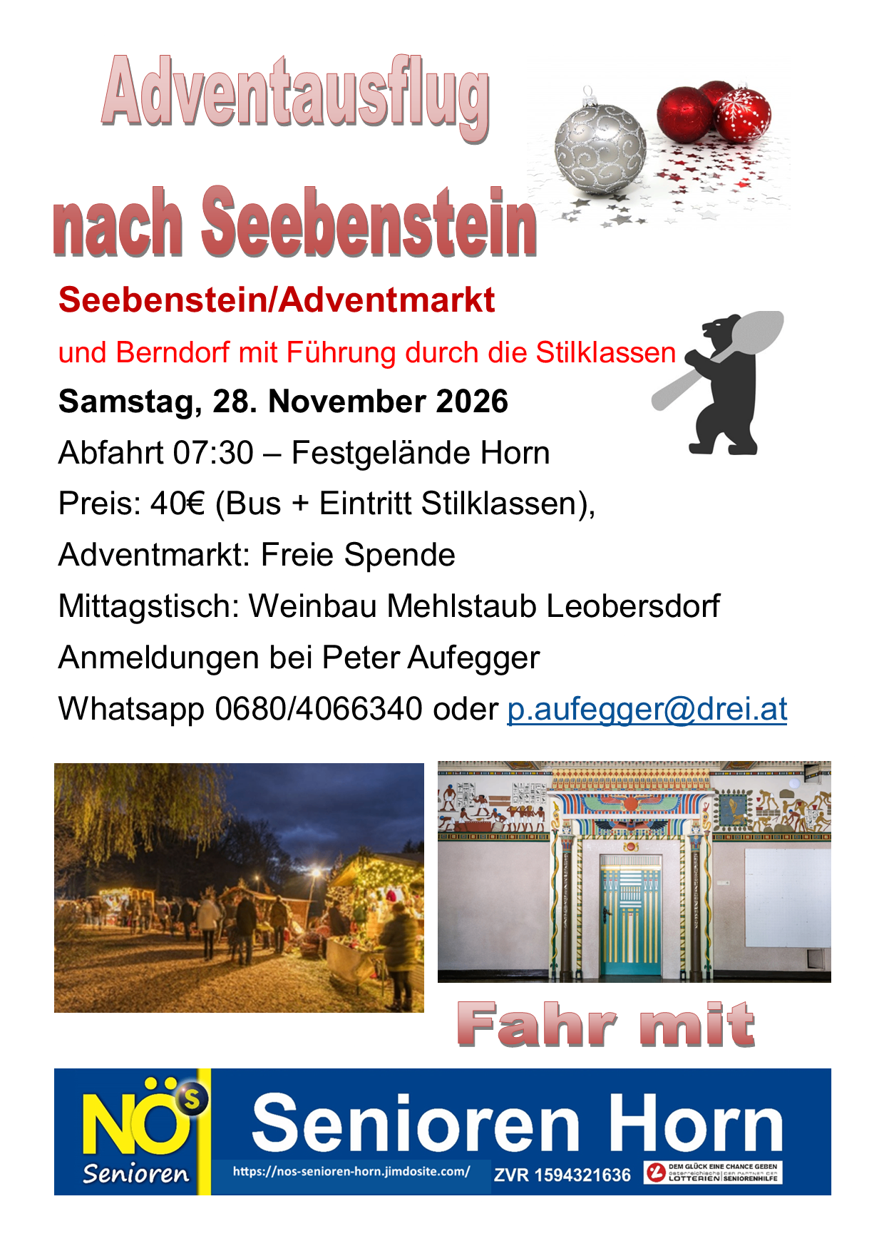 Plakat für eine geführte Tour nach Seebenstein und Berndorf am 28. November 2026. Enthält Details zu Abfahrtszeit, Preis und Kontaktinformationen.