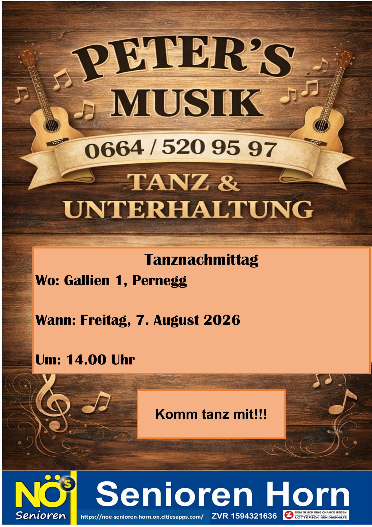 Ein Plakat für eine Tanzveranstaltung mit Musik und Unterhaltung, geplant für Freitag, 7. August 2026 um 14:00 Uhr in Gallien 1, Perneg. Das Plakat enthält Kontaktnummern und einen Aufruf zur Teilnahme am Tanz.