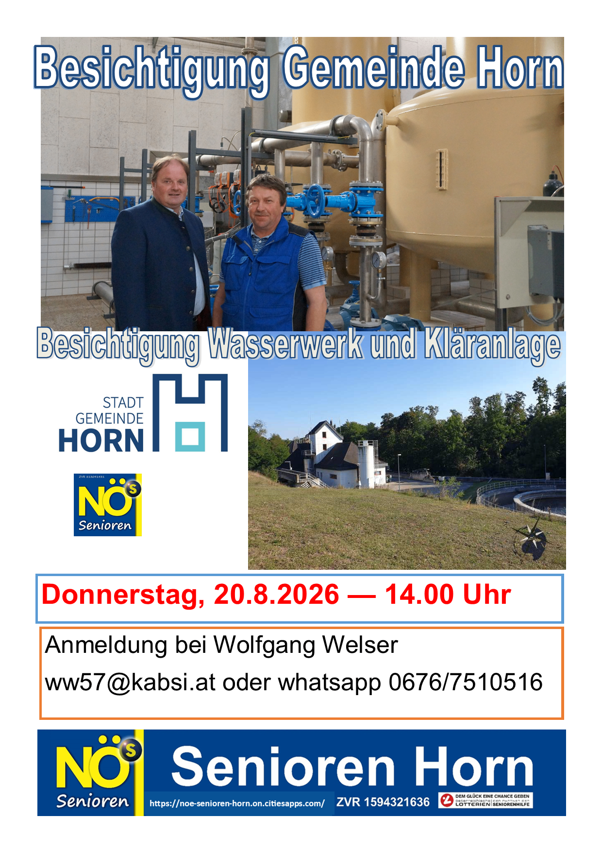 Zwei Männer in blauen Westen stehen vor einer Wasseraufbereitungsanlage. Das Bild zeigt auch ein Haus und ein Feld. Der Text lautet 'Besichtigung Wasserwerk und Kläranlage' und 'Donnerstag, 20.8.2026 - 14.00 Uhr'.