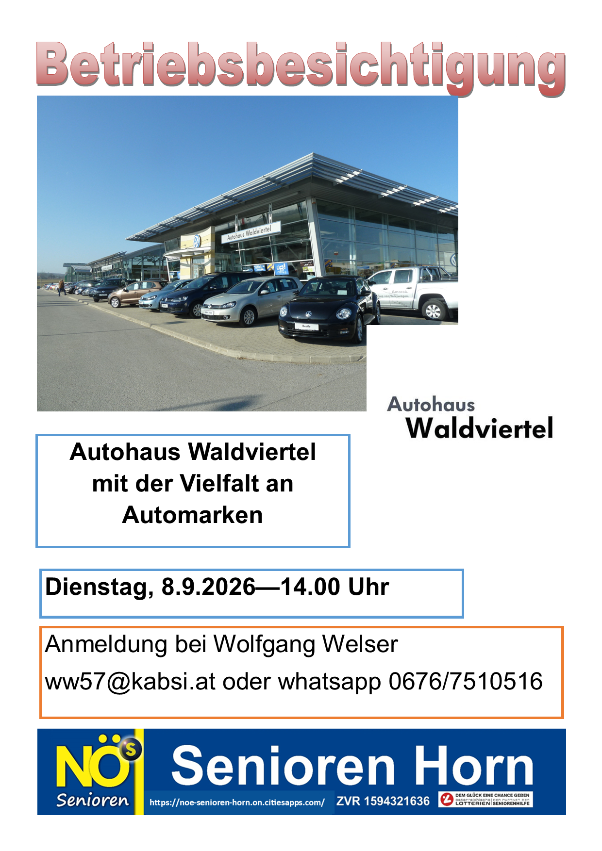 Eine Werbung für Autohaus Waldviertel, ein Autohaus, mit einer Vielzahl von Autos, die draußen geparkt sind. Die Anzeige enthält ein Datum und Kontaktinformationen.