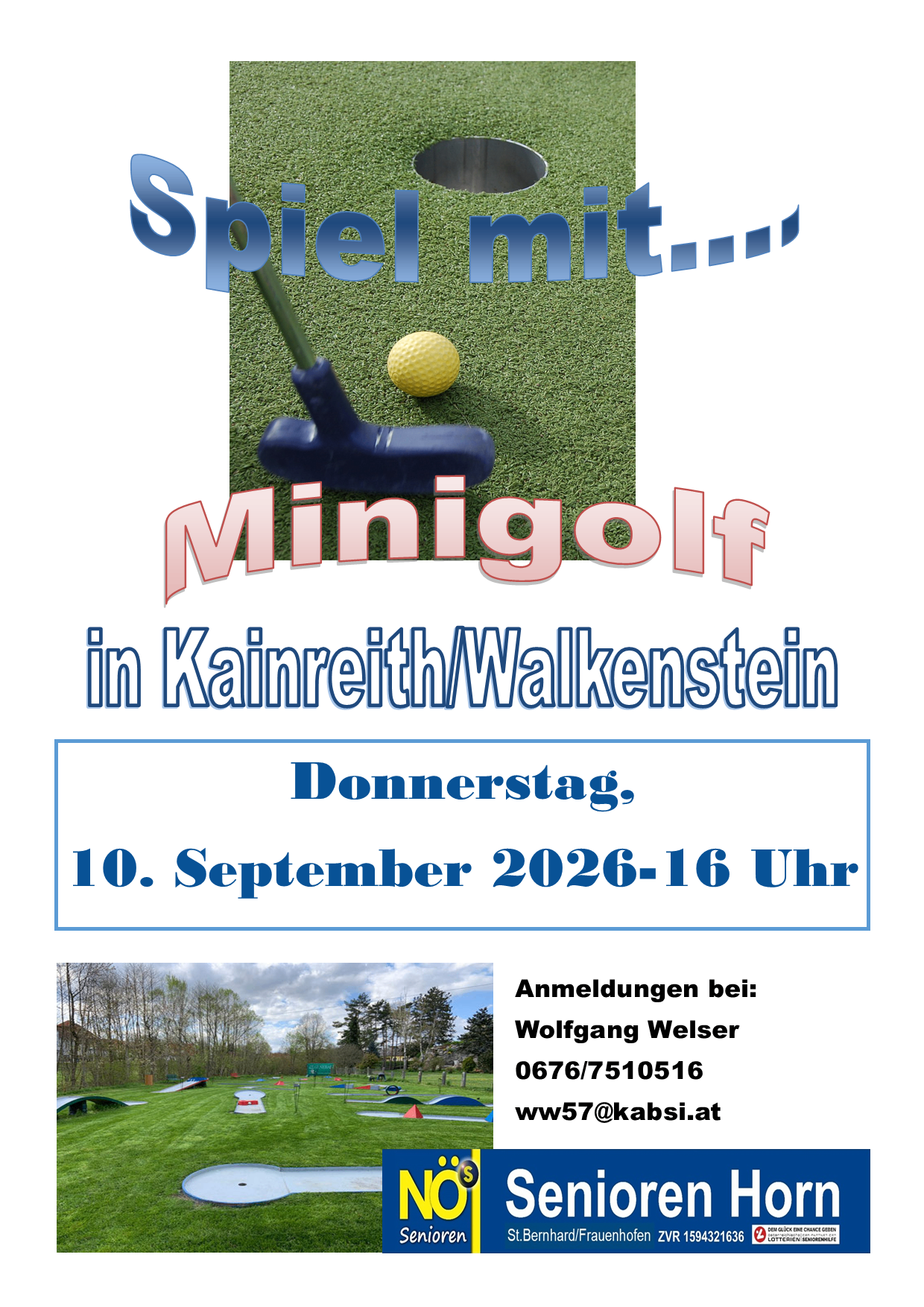 Plakat für eine Minigolf-Veranstaltung in Kaireith/Walkenstein am Donnerstag, 10. September 2026, um 16 Uhr. Kontaktieren Sie Wolfgang Welser für die Anmeldung.