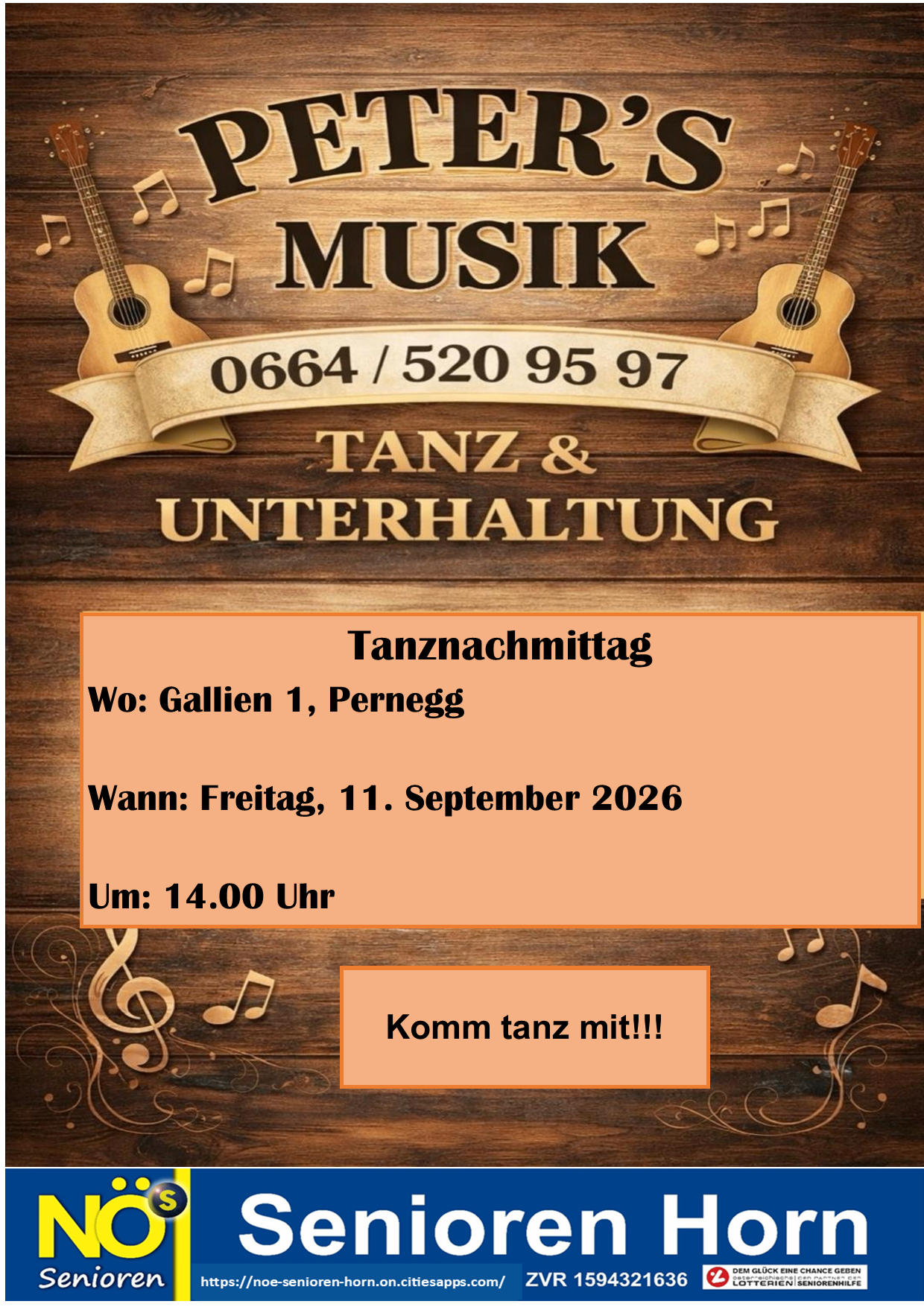 Ein Poster mit einem hölzernen Hintergrund, das Gitarren und Musiknoten zeigt. Es enthält einen Aufruf zum Tanzen 'Komm tanz mit!!!' und Details zu einer Tanzveranstaltung am Freitag, 11. September 2026, um 14:00 Uhr.