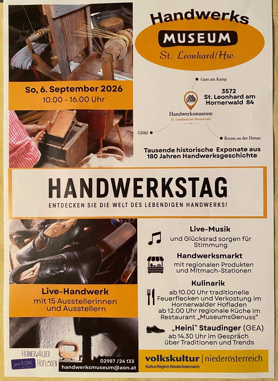 Plakat für Handwerkstag-Veranstaltung am 6. September 2026 mit Live-Musik, Markt mit regionalen Produkten und traditioneller Verkostung.
