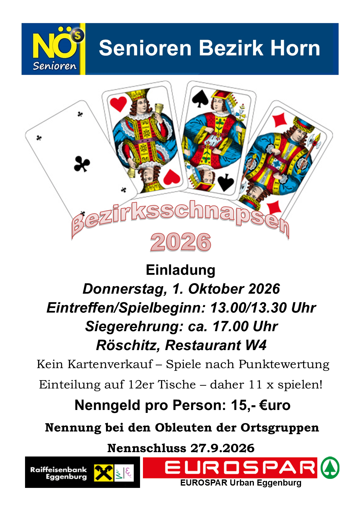 Plakat für eine Kartenspiel-Veranstaltung im Jahr 2026. Es zeigt vier Spielkarten und einen Titel. Die Veranstaltung findet am Donnerstag, 1. Oktober 2026 statt.