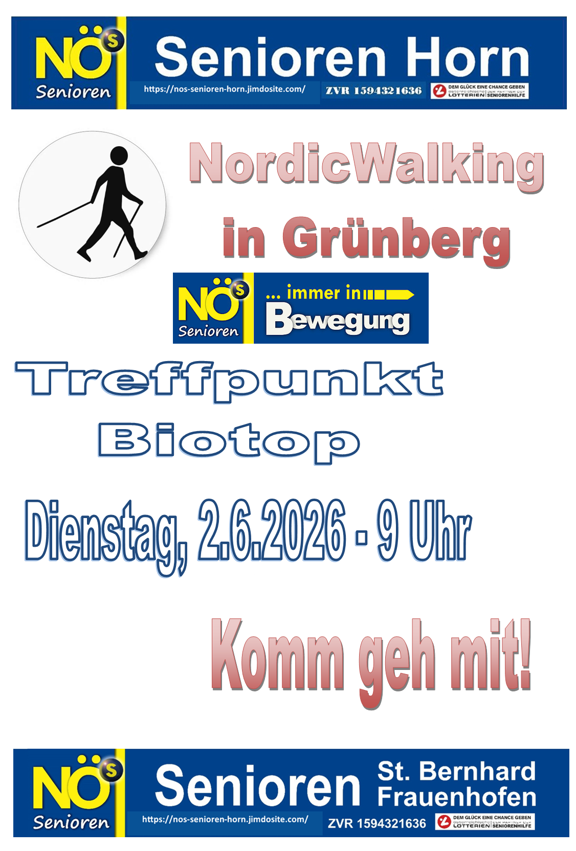 Ein Plakat bewirbt Nordic Walking in Grünberg. Der Treffpunkt ist Biotop. Der Termin ist Dienstag, 2. Juni 2026, um 9 Uhr. Das Plakat ermutigt zur Teilnahme.