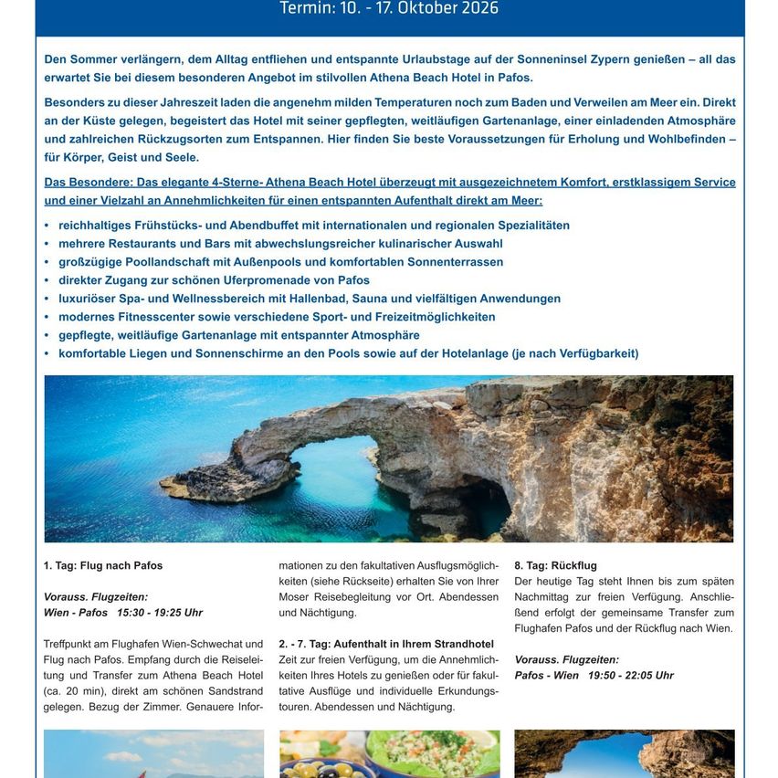 Im Oktober fliegen Sie zur sonnigen Insel Zante und entspannen im ruhigen Athens Beach Hotel in Pafos. Das milde Wetter ist perfekt zum Entspannen im Garten und am Strand. Genießen Sie Entspannung und Swimmingpools mit herrlichem Meerblick. Das Hotel bietet Frühstück und Abendessen mit internationalen und regionalen Spezialitäten.