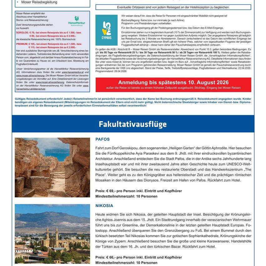 Karte von Zypern mit Reisezielen, Reisedaten, Preisen und Informationen zu den Bedingungen der Reiseagentur. Reisedetails für Geroskípou, eine byzantinische Stätte, und Nikosia, die Hauptstadt. Reisedaten und Preise sind aufgeführt.