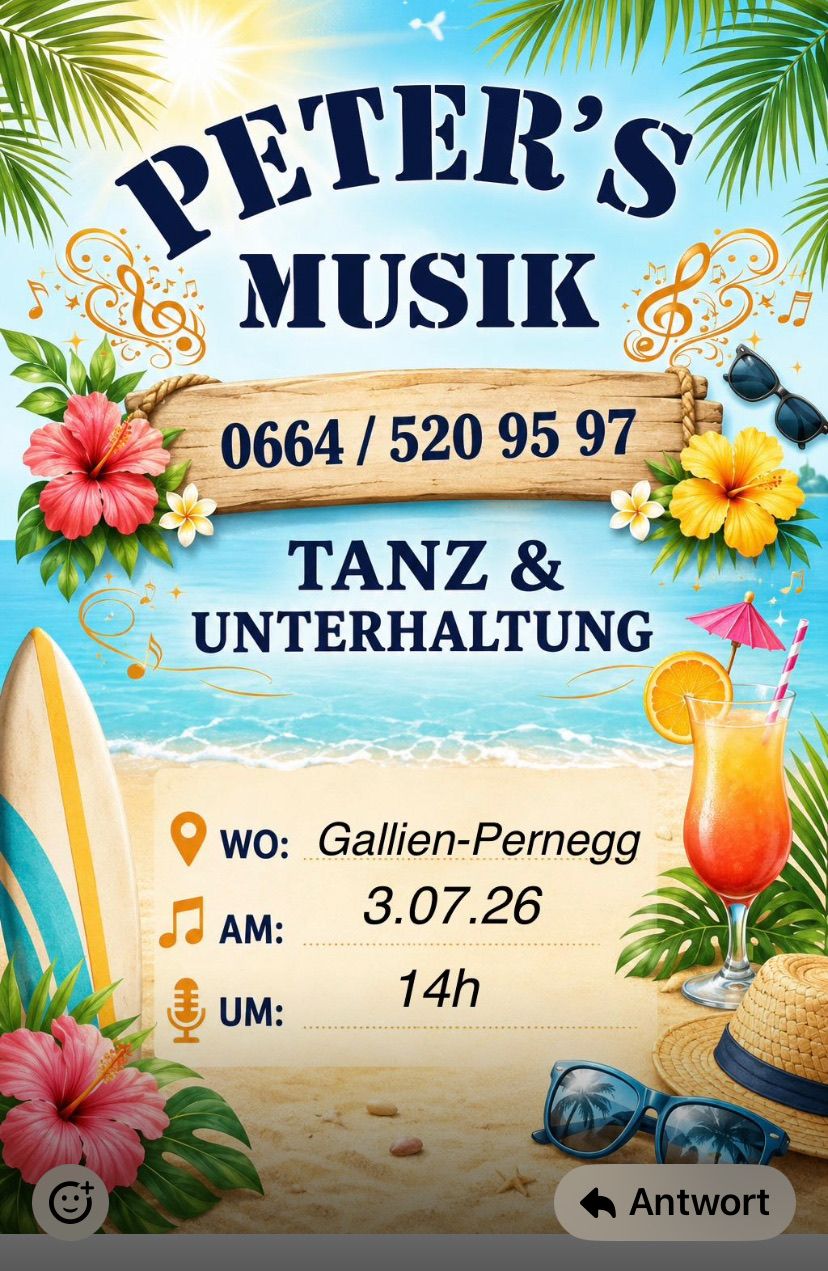 Ein Plakat für eine Strandveranstaltung mit Musik, Tanz und Unterhaltung. Ort: Gallien-Pernegg. Datum: 3. Juli 2026. Zeit: 14 Uhr. Dauer: 14 Stunden.