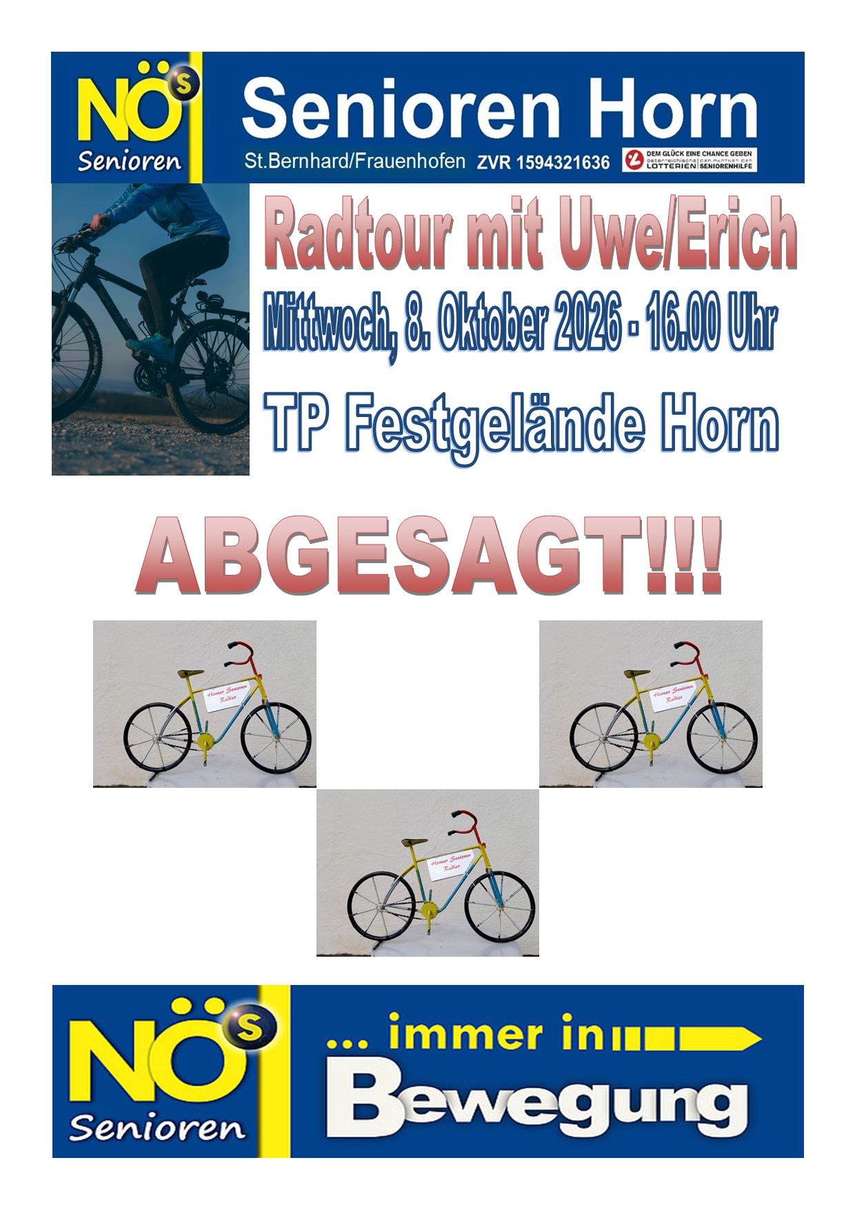 Ein Plakat für eine Fahrradtour am 8. Oktober 2026 mit einem Radfahrer und drei bunten Fahrrädern. Die Veranstaltung ist abgesagt.