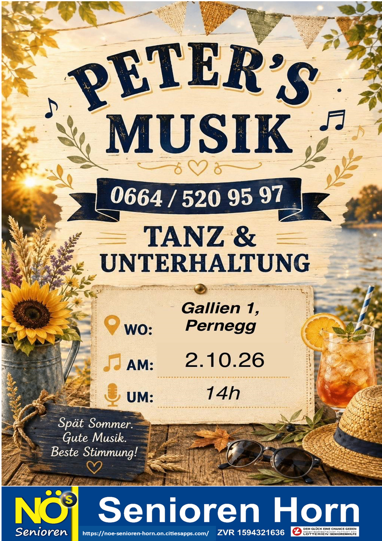 Plakat für eine Veranstaltung mit dem Titel 'Pleins Musik', einschließlich Datum, Uhrzeit und Ort. Es zeigt eine ruhige Seeansicht, eine Sonnenblume und ein Getränk auf einem Tisch.