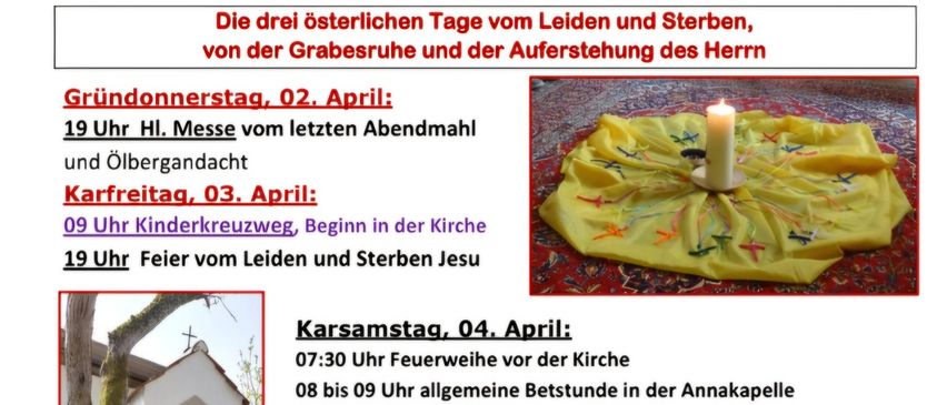 Plakat für drei Ostertage des Leidens und Sterbens, vom Grab und der Auferstehung des Herrn. Details der Heiligen Messe, Kinderprozession und Osternachtfeier.