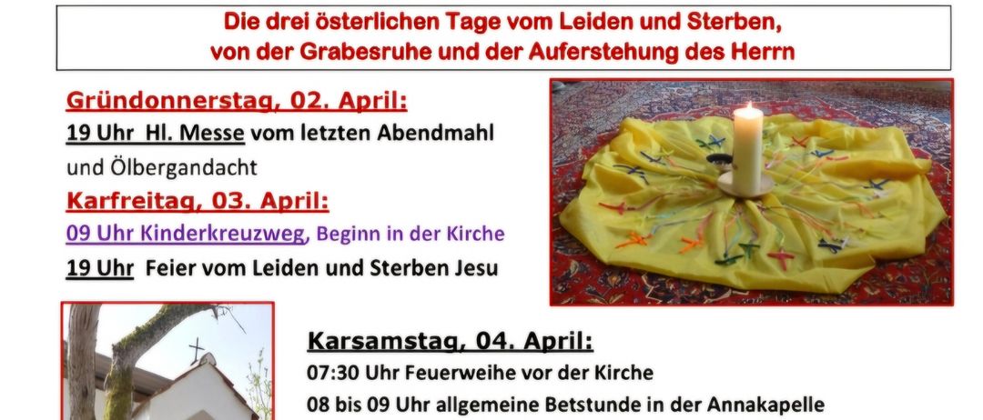Plakat für drei Ostertage des Leidens und Sterbens, vom Grab und der Auferstehung des Herrn. Details der Heiligen Messe, Kinderprozession und Osternachtfeier.