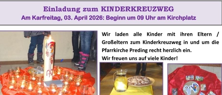 Einladung zum Kinderkreuzweg am 03. April 2026. Kerzen, ein Kuchen und ein roter Teppich auf dem Boden. Der Text ist in Deutsch.