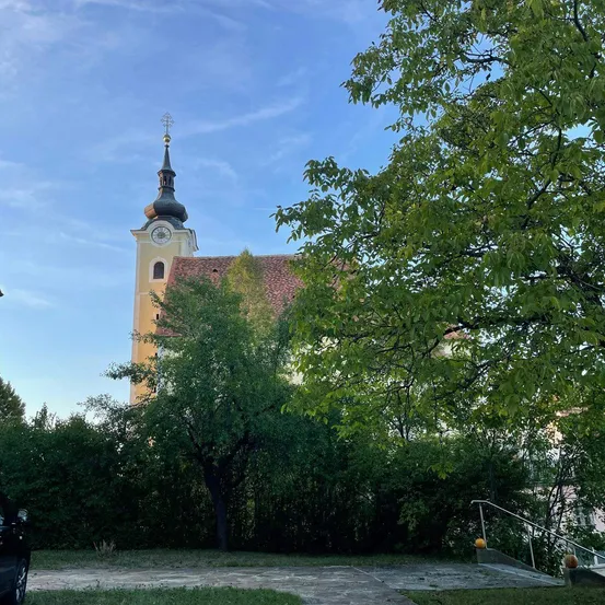 Eine Kirche mit einem Glockenturm steht hinter einer Reihe von Bäumen an einem sonnigen Tag.