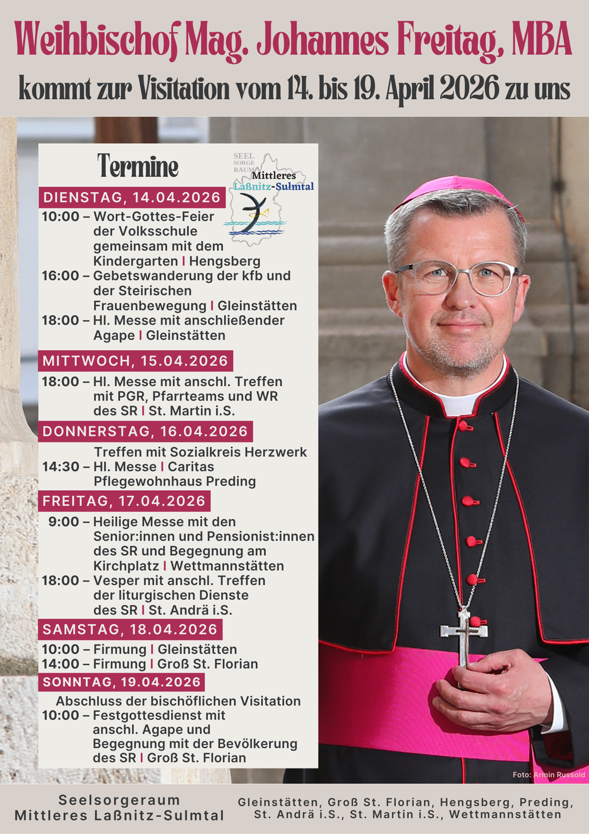 A poster with a priest's schedule for a week in April 2026. It includes various religious services, including mass, confirmations, and meetings. The priest is wearing glasses and a red stole.