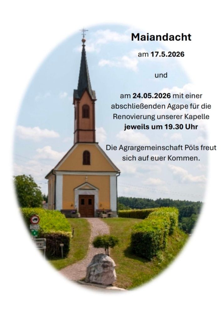 Ein Bild zeigt eine kleine Kirche mit einem Garten und einem Pfad. Datum und Uhrzeit sind für Veranstaltungen am 17. und 24. Mai 2026 aufgeführt, einschließlich einer Agape-Feier um 19:30 Uhr.