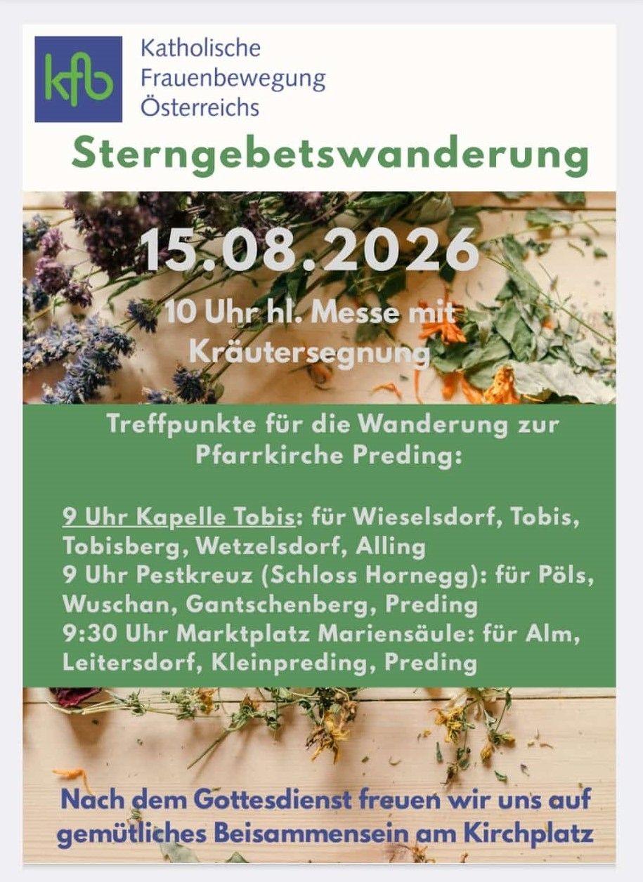 Plakat für eine Sternbeobachtungswanderung am 15.08.2026 mit Kräutersegnung. Treffpunkte sind Kapelle Tobis, Pestkreuz und Marktplatz Mariensäule.