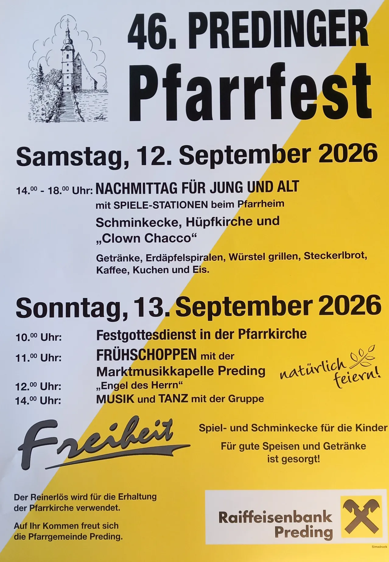 Plakat für das Pfarrfest-Event am 12. und 13. September 2026. Aktivitäten umfassen Spiele, Essen und Aufführungen.
