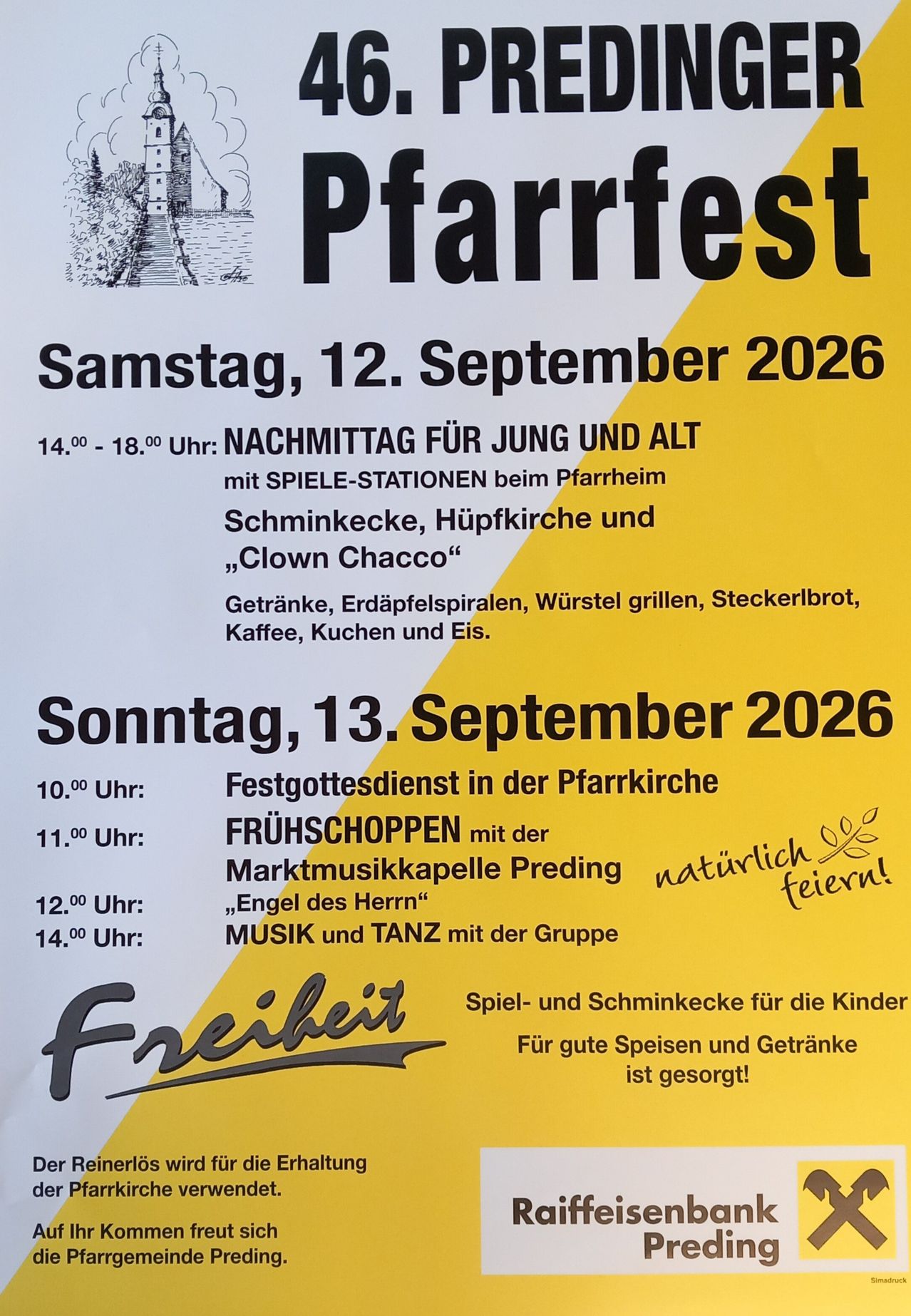 Poster for Pfarrfest event on September 12 and 13, 2026. Activities include games, food, and performances.