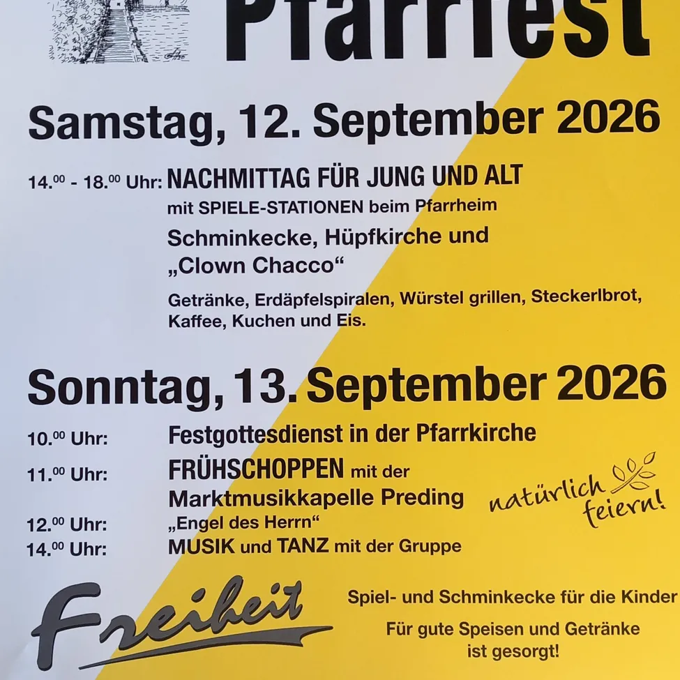 Plakat für das Pfarrfest-Event am 12. und 13. September 2026. Aktivitäten umfassen Spiele, Essen und Aufführungen.