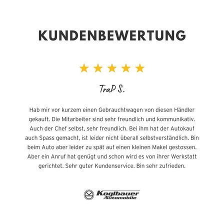 Eine Kundenbewertung für einen Autohändler. Die Bewertung ist positiv mit fünf Sternen und einer handschriftlichen Unterschrift. Der Text ist auf Deutsch und lobt die Mitarbeiter und den Service.