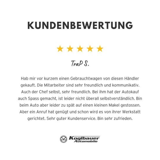 Eine Kundenbewertung für einen Autohändler. Die Bewertung ist positiv mit fünf Sternen und einer handschriftlichen Unterschrift. Der Text ist auf Deutsch und lobt die Mitarbeiter und den Service.