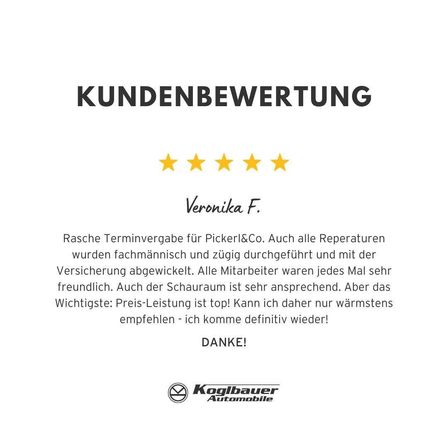 Kundenbewertung für einen Autoreparaturservice. Der Rezensent lobt die schnelle Terminvergabe, professionelle Reparaturen, freundliche Mitarbeiter und exzellente Ausstellung. Der Rezensent empfiehlt den Service sehr und plant, wiederzukommen.