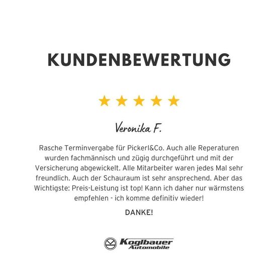 Kundenbewertung für einen Autoreparaturservice. Der Rezensent lobt die schnelle Terminvergabe, professionelle Reparaturen, freundliche Mitarbeiter und exzellente Ausstellung. Der Rezensent empfiehlt den Service sehr und plant, wiederzukommen.