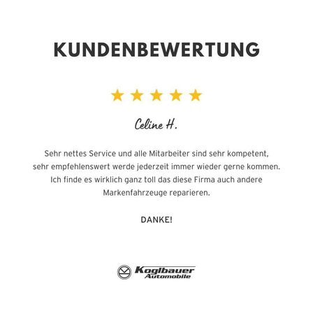 Eine Kundenbewertung für ein Autoservice-Unternehmen, mit einer Fünf-Sterne-Bewertung, einem Testimonial von Celine H. und einem Logo für Koglbauer Automobile.