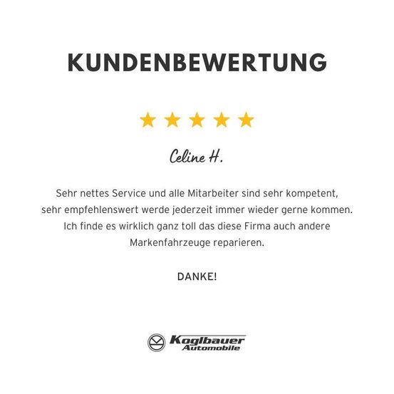 Eine Kundenbewertung für ein Autoservice-Unternehmen, mit einer Fünf-Sterne-Bewertung, einem Testimonial von Celine H. und einem Logo für Koglbauer Automobile.