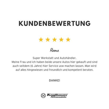 Kundenbewertung für eine Autowerkstatt und Autohändler namens Koolbauer Automobile. Die Bewertung ist positiv, mit fünf Sternen, und erwähnt das hilfsbereite und freundliche Personal des Händlers. Der Bewerter und seine Frau haben hier Autos gekauft und sind seit sechs Jahren mit dem Service zufrieden.