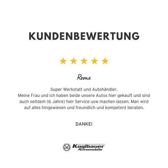 Kundenbewertung für eine Autowerkstatt und Autohändler namens Koolbauer Automobile. Die Bewertung ist positiv, mit fünf Sternen, und erwähnt das hilfsbereite und freundliche Personal des Händlers. Der Bewerter und seine Frau haben hier Autos gekauft und sind seit sechs Jahren mit dem Service zufrieden.