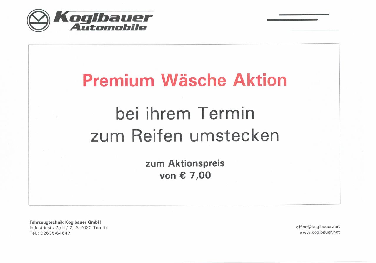Werbeanzeige für die Premium-Waschaktion von Koglbauer Automobile. Kunden können bei ihrem Termin ihre Reifen umstecken lassen zum Aktionspreis von 7,00€. Kontaktdaten sind angegeben.