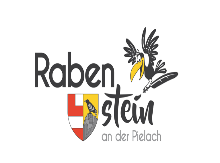 Raben Stein Logo mit einem Vogel, einem Schild und den Worten 'an der Pielach' in Schwarz und Gelb auf weißem Hintergrund.