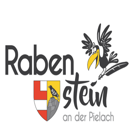 Raben Stein Logo mit einem Vogel, einem Schild und den Worten 'an der Pielach' in Schwarz und Gelb auf weißem Hintergrund.