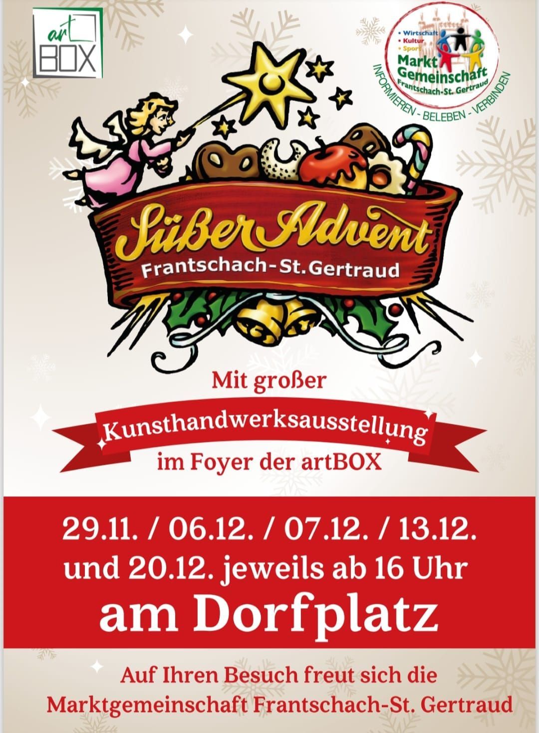 Ein Plakat für einen Weihnachtsmarkt mit Datum und Details, einschließlich eines Engels und verschiedener weihnachtlicher Gegenstände.