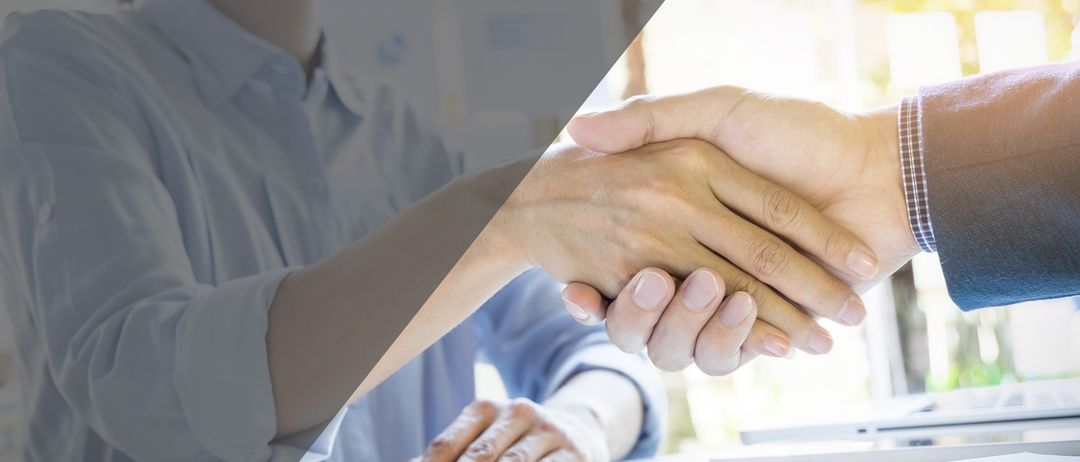 Zwei Personen in hellblauen Hemden schütteln sich die Hände, wahrscheinlich in einem professionellen Umfeld. Die Hände sind scharf, der Hintergrund verwischt.