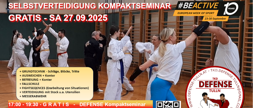Ein Flyer für ein Kompaktseminar für Kampfkunst am 27.09.2025. Mehrere Kampfkünstler in Uniform üben Bewegungen. Ein QR-Code ist für weitere Informationen vorhanden.