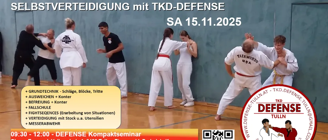 Plakat für ein TKD-Defense Seminar in Tulln, Österreich, mit Teilnehmern der Kampfkünste. Es enthält Informationen über Datum, Uhrzeit und Ort der Veranstaltung.
