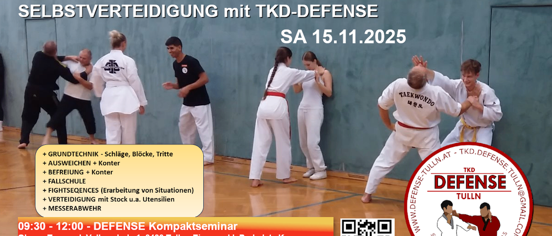 Plakat für ein TKD-Defense Seminar in Tulln, Österreich, mit Teilnehmern der Kampfkünste. Es enthält Informationen über Datum, Uhrzeit und Ort der Veranstaltung.