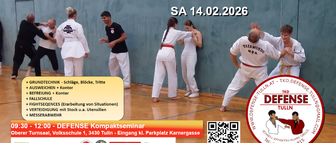 Plakat für eine TKD-Verteidigungsveranstaltung. Es zeigt Kampfkünstler bei der Ausübung von Techniken. Die Veranstaltung ist für Samstag, den 14. Februar 2026 geplant.