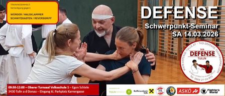 Gruppe praktiziert Kampfkunst mit einem Mann in der Mitte, der eine weiße Kopfband trägt. Der Text lautet 'DEFEN Schwerpunkt-Se SA 14.0'. Unten erscheinen verschiedene Logos.