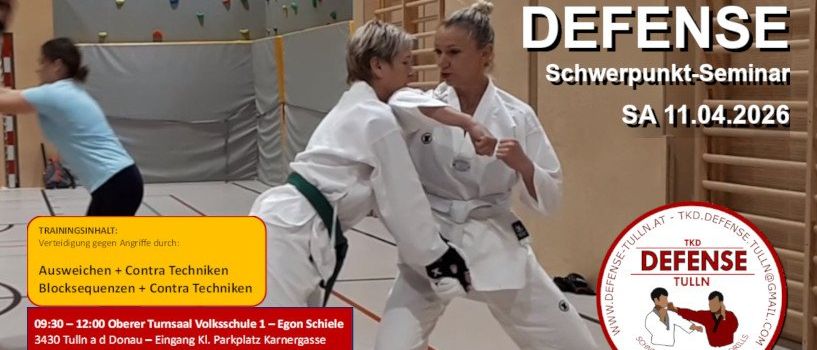 Kampfsporttraining in Tulln. Zwei Frauen in weißen Uniformen üben Verteidigungstechniken. Das Event ist am 11.04.2026.