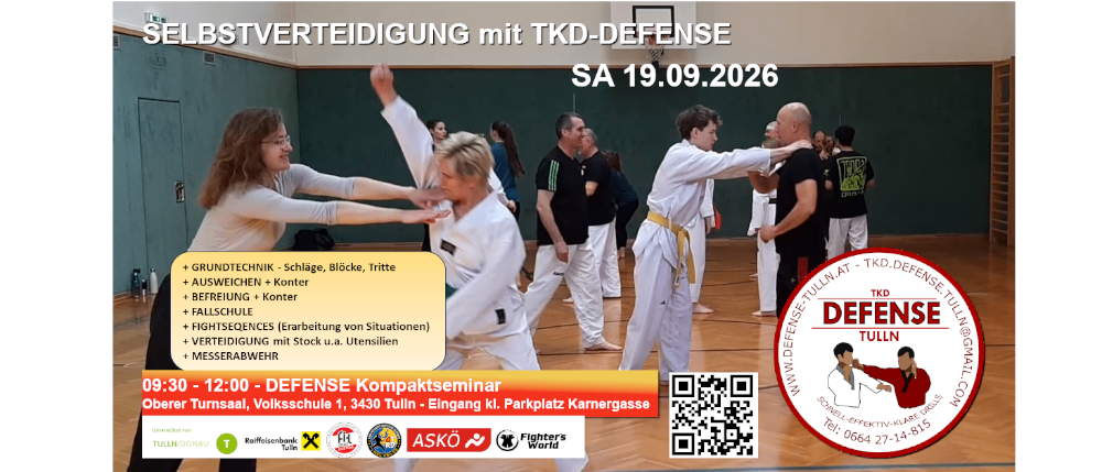 Ein Plakat für ein Selbstverteidigungsseminar mit TkD-Defense am 19.09.2026, das Kampfkünstler in Aktion zeigt. Das Plakat enthält Details zur Veranstaltung, wie Zeit, Ort und behandelte Themen. Ein QR-Code und ein Logo für TkD-Defense sind ebenfalls vorhanden.