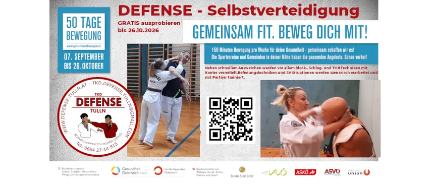 Plakat für eine kostenlose Selbstverteidigungsveranstaltung. Es zeigt einen Mann und eine Frau, die Kampfsport üben, einen QR-Code und ein Logo. Der Text ist auf Deutsch.