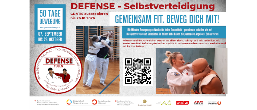 Plakat für eine kostenlose Selbstverteidigungsveranstaltung. Es zeigt einen Mann und eine Frau, die Kampfsport üben, einen QR-Code und ein Logo. Der Text ist auf Deutsch.