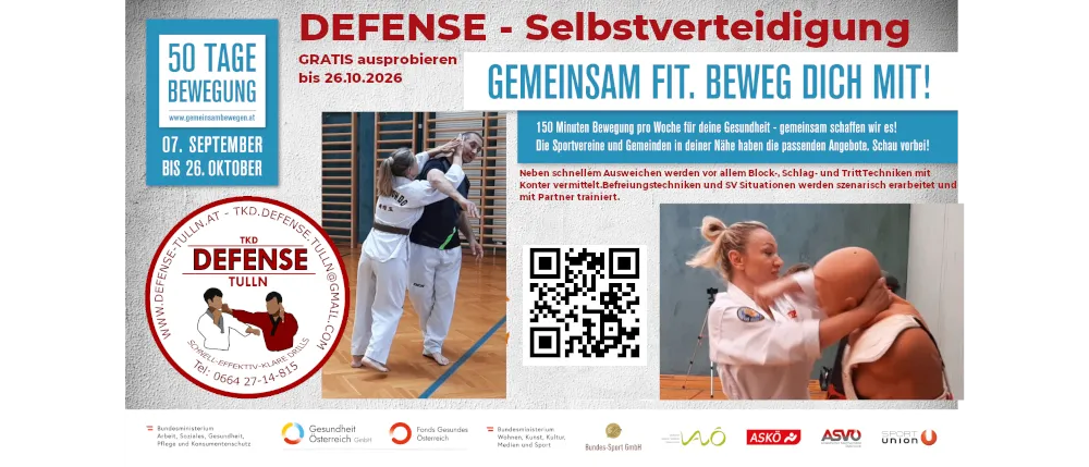 Plakat für eine kostenlose Selbstverteidigungsveranstaltung. Es zeigt einen Mann und eine Frau, die Kampfsport üben, einen QR-Code und ein Logo. Der Text ist auf Deutsch.